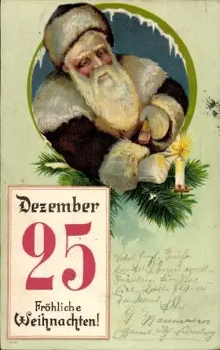 Präge Litho Glückwunsch Weihnachten, Weihnachtsmann, Kerze, Tannenzweige