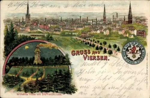 Litho Viersen in Nordrhein Westfalen, Gesamtansicht, Wilhelmshöhe mit Bismarcksturm, Wappen