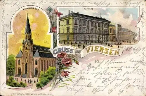 Litho Viersen in Nordrhein Westfalen, Evang. Kirche, Rathaus