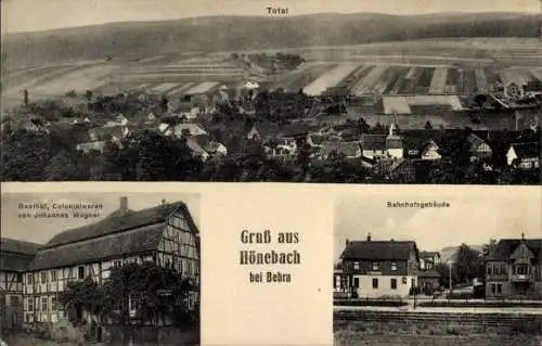 Ak Hönebach Wildeck in Hessen, Gesamtansicht, Bahnhofsgebäude, Gasthof und Geschäft Johannes Wagner