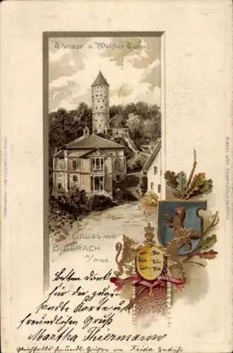 Präge Wappen Passepartout Litho Biberach an der Riß in Oberschwaben, Theater und Weißer Turm