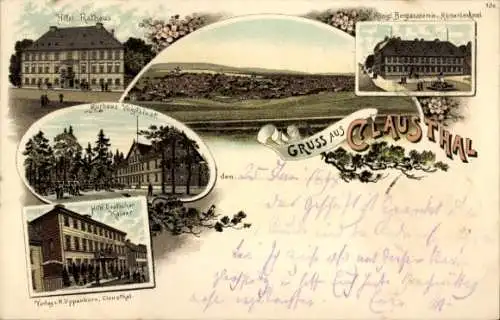 Litho Clausthal Zellerfeld im Oberharz, Hotel Rathaus, Hotel Deutscher Kaiser, Kurhaus Voigtslust