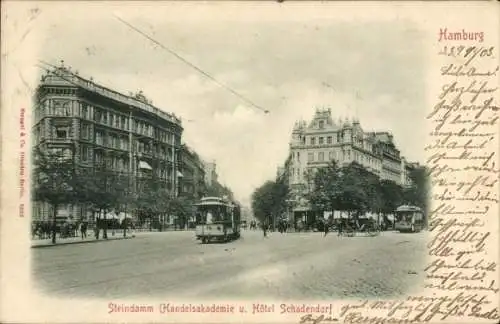 Ak Hamburg Mitte St. Georg, Steindamm, Handelsakademie, Hotel Schadendorf, Straßenbahn