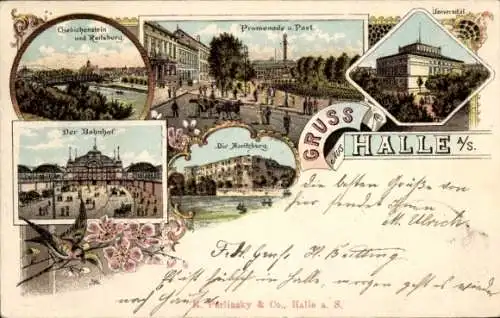 Litho Halle an der Saale, Promenade, Post, Bahnhof, Universität, Moritzburg, Giebichenstein