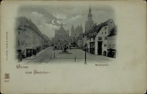 Mondschein Ak Lutherstadt Eisleben, Markt mit Andreaskirche, Lutherdenkmal