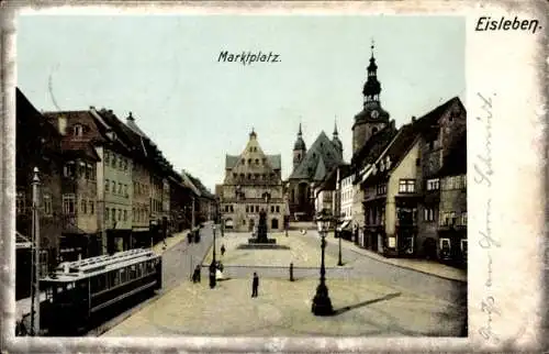 Ak Lutherstadt Eisleben, Marktplatz, Straßenbahn