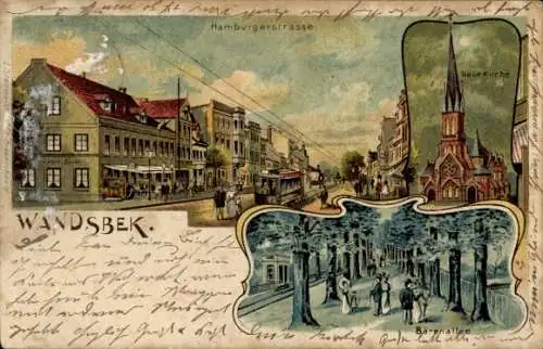 Litho Hamburg Wandsbek, Hamburger Straße, Neue Kirche, Bärenallee