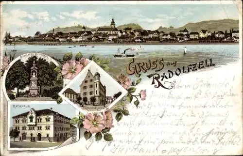 Litho Radolfzell am Bodensee, Gesamtansicht, Rathaus, Denkmal