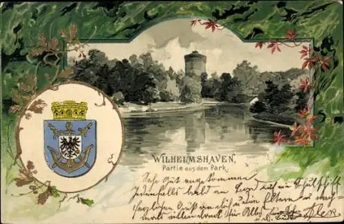 Präge Passepartout Wappen Litho Wilhelmshaven an der Nordsee, Park, Turm