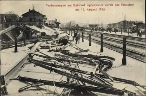 Ak Appenweier in Baden Schwarzwald, Verheerungen, Bahnhof, Unwetter 1905