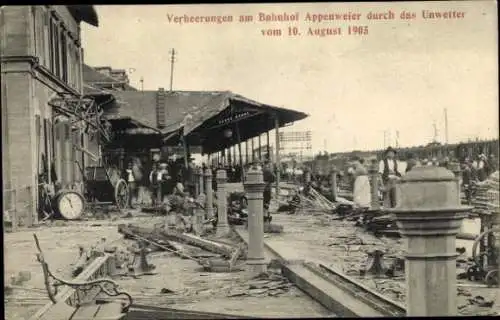 Ak Appenweier in Baden Schwarzwald, Verheerungen, Bahnhof, Unwetter 1905