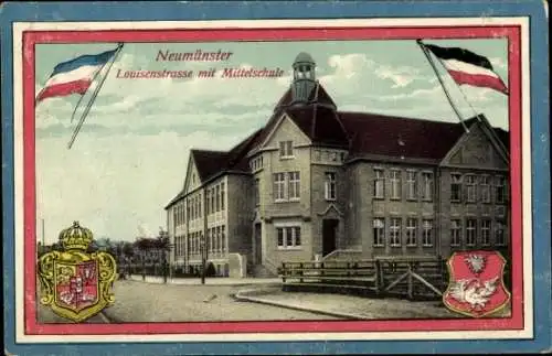 Passepartout Wappen Ak Neumünster in Holstein, Louisenstraße, Mittelschule