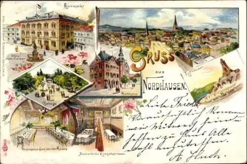 Litho Nordhausen am Harz, Kornmarkt, Hockerbräu Kranichstraße