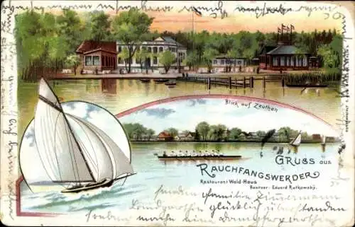 Litho Berlin Köpenick Schmöckwitz Rauchfangswerder, Zeuthen, Segelboot, Ruderpartie