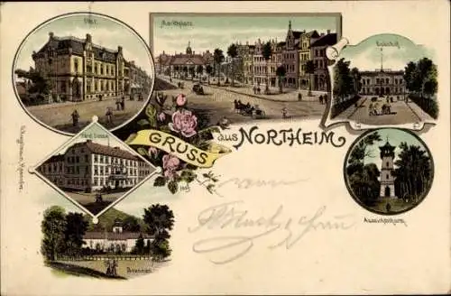 Mondschein Litho Northeim in Niedersachsen, Post, Marktplatz, Bahnhof, Aussichtsturm, Hotel Sonne