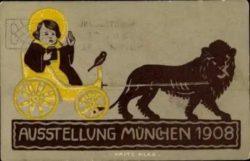 Künstler Ak Klee, Fritz, München Bayern, Ausstellung 1908, Löwe zieht Kutsche mit Kindl