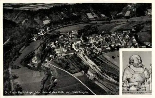 Ak Berlichingen Schöntal im Hohenlohekreis, Fliegeraufnahme, Stadtpanorama, Götz mit eiserner Faust