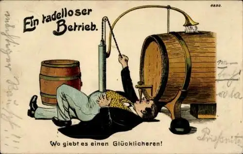 Litho Ein tadelloser Betrieb, Trinker liegt unter einem Bierfass