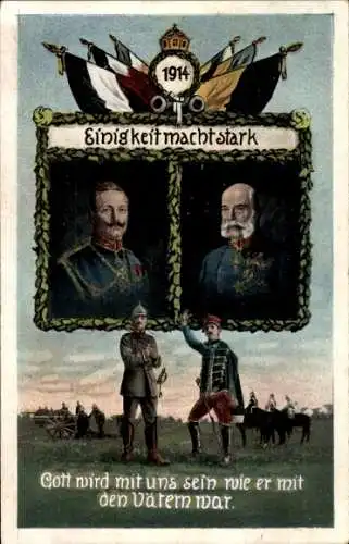 Ak Einigkeit macht start, Kaiser Franz Joseph I., Kaiser Wilhelm II. von Preußen