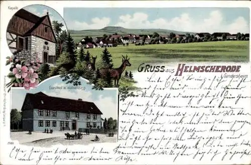 Litho Helmscherode Bad Gandersheim in Niedersachsen, Kapelle, Gasthof, Hirsch