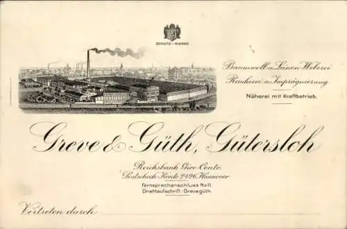 Litho Gütersloh in Westfalen, Baumwoll- und Leinen-Weberei Greve & Güth, Werbung