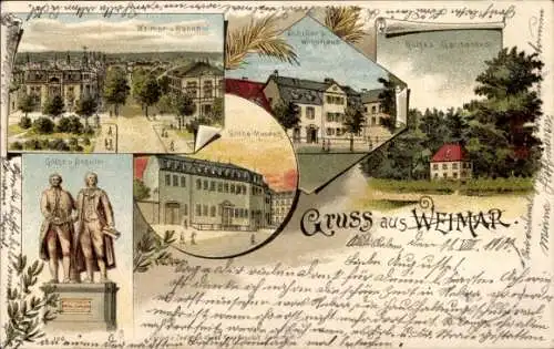 Litho Weimar in Thüringen, Bahnhof, Goethemuseum, Denkmal Goethe und Schiller, Weinhaus