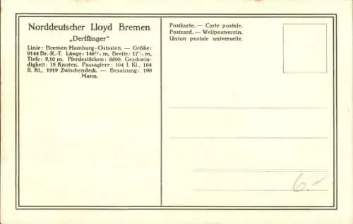 Ak Norddeutscher Lloyd Bremen, Reichspostdampfer Derfflinger, Dampfschiff, NDL