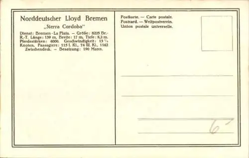 Ak Norddeutscher Lloyd Bremen, Passagier- und Frachtdampfer Sierra Cordoba, NDL