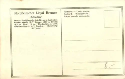 Ak Frachtdampfer Schlesien, Norddeutscher Lloyd Bremen, NDL