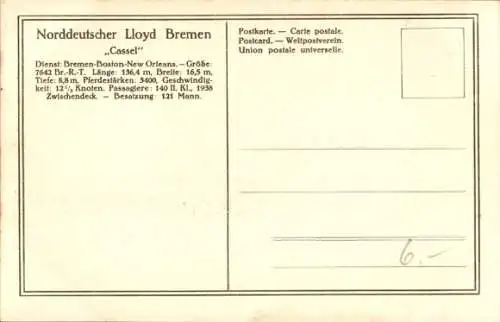 Ak Passagier- und Frachtdampfer Cassel, Norddeutscher Lloyd Bremen, NDL