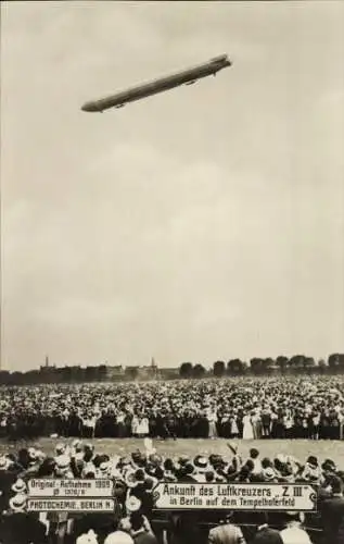 Foto Ak Berlin Tempelhof, Ankunft des Luftkreuzers Zeppelin LZ 6 Z III auf dem Tempelhofer Feld 1909