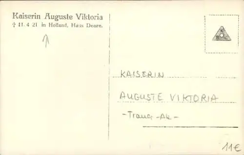Ak Kaiserin Auguste Viktoria, Portrait, Trauerkarte zum Tod 1921