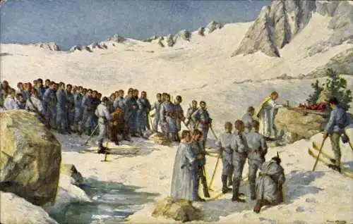 Künstler Ak KuK Armee, Siegerdankmesse 1915, Kaiserschützenabteilung, Presena Gletscher, I WK