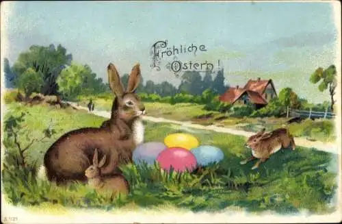 Ak Glückwunsch Ostern, Osterhase, Ostereier, Wiese