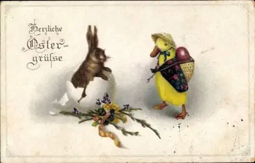 Künstler Ak Frohe Ostern, Osterhase, Eierschale, Ente