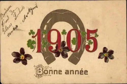 Präge Ak Glückwunsch Neujahr 1905, Hufeisen, Blumen