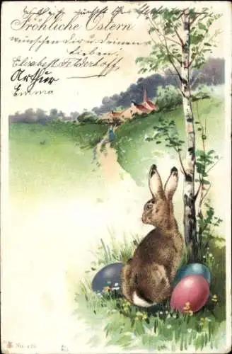 Ak Glückwunsch Ostern, Osterhase mit Ostereier auf Wiese