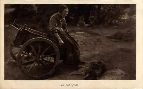 Ak In het Gooi, alte Frau in Volkstracht, Hund