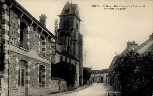 Ak Pontault Seine et Marne, Route de Combault la Poste, Kirche