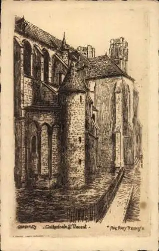 Zeichnung der Kathedrale von Saint Vincent in Chalon sur Saône Saône et Loire