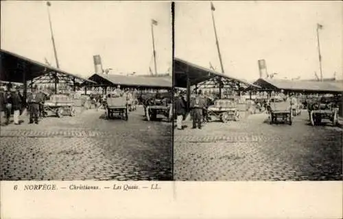 Stereo Ak Christiania Oslo Norwegen, Les Quais, Hafen, Schiff, Karren