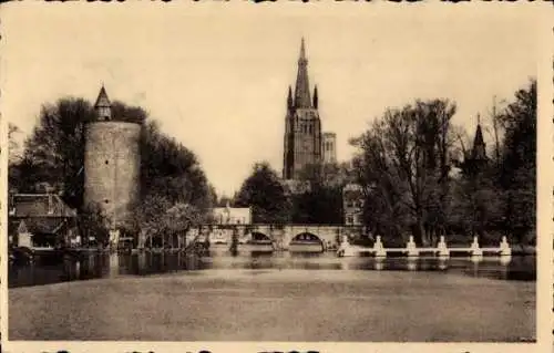 Ak Brügge Brügge Flandern Westflandern, See, Brücke, Kirche