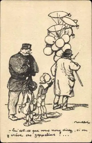 Künstler Ak Poulbot, Francisque, Kinder, Polizist, Ballonverkäufer mit Zeppelinballons