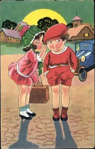 Künstler Ak Mädchen flüstert Junge etwas ins Ohr