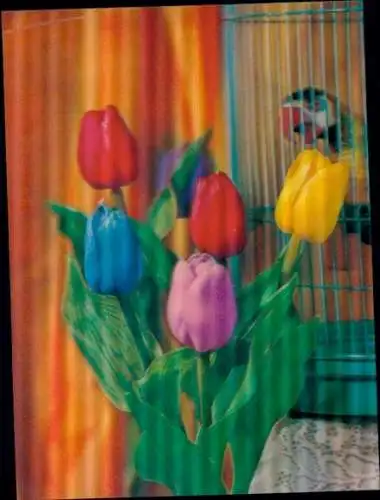 3-D Ak Blühende Tulpen, Blumen, Papagei, Käfig