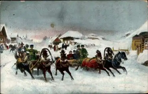 Ganzsachen Künstler Ak Gruzinski, P. N., Schlittengespanne, Winter, Schnee