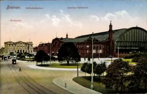 Ak Hansestadt Bremen, Central Bahnhof, Straßenseite, Bahnhofsplatz, Museum