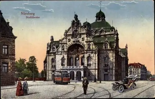 Ak Nürnberg in Mittelfranken, Stadttheater, Straßenbahn