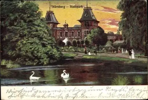 Ak Nürnberg in Mittelfranken, Stadtpark, Schwäne