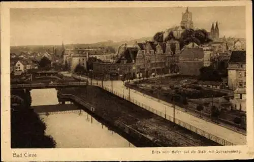 Ak Kleve am Niederrhein, Blick vom Hafen auf die Stadt mit Schwanenburg